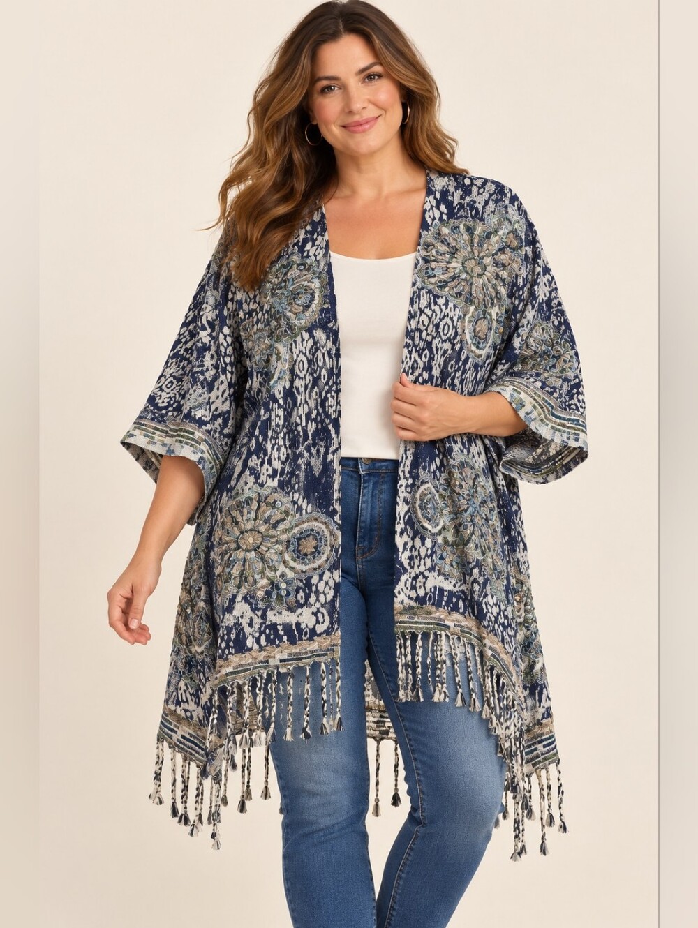 Soft Surroundings Kimono L/XL Navy Embroidered Sequin Fringe Boho Open Front